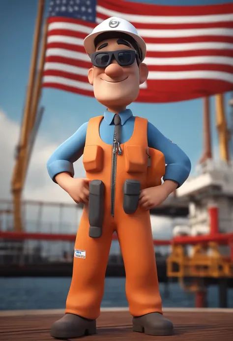 Cartoon character of a man with black sunglasses and a orange coverall, white hardhat, in a offshore oil FPSO, a small brazil flag in the left shirtsleeve, animation character, Caractere estilizado, animation style rendering, 3D estilizado, Arnold Maya ren...