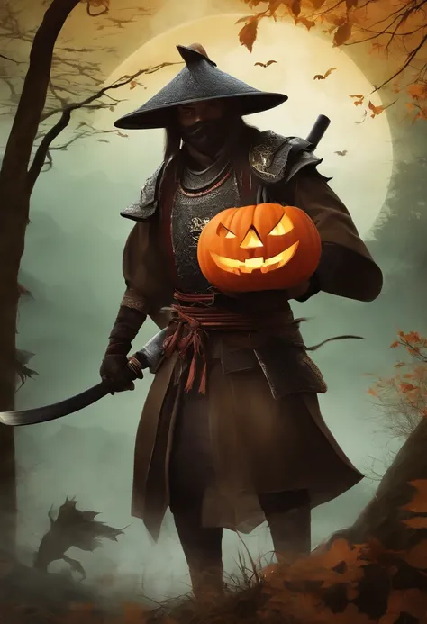 Create an eco-themed Halloween card using the samurai style.