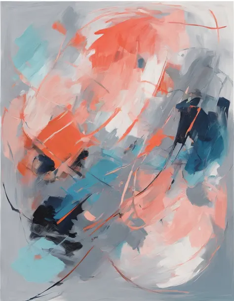 Modern abstract painting, gray, blue, salmon color, rounded asymmetrical abstract figures, harmonious colors, professional painting, high quality, brush strokes