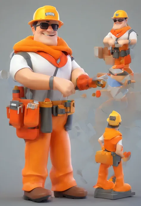 Cartoon character of a man with black glasses and a orange coverall, white hardhat, in a offshore oil FPSO, a small brazil flag in the left shirtsleeve, animation character, Caractere estilizado, animation style rendering, 3D estilizado, Arnold Maya render...