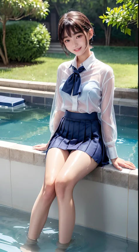 femele,１2 years old,japanes,Brown hair,(((Silk School Uniforms,White shirt,Navy blue skirt))),Beautiful short hair,,Hair fastening to bangs,,((()),Natural smile,(Mansuji)((Clothes are wet and see-through)),swimming pools,(((Grab the skirt with your right a...