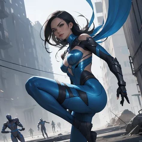 Breathtaking photo in tight suit with Kitana steel fans, Perfect Action Composition, pintura hiper detalhada, complexo, Arte 32k por DamShelma, WLOP, Kombat mortal, dramatic lighting, Arte intrincadamente detalhada, cores triádicas Unreal Engine 5, Arte co...