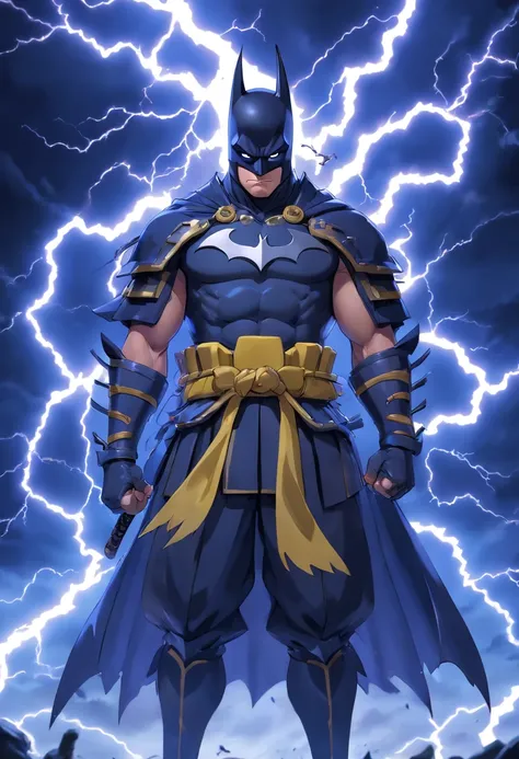 Realistic 3D rendering of fused Samurai Batman, Surrounded by lightning, Fat Muscular, Photographie du corps entier, Hyperrealistic