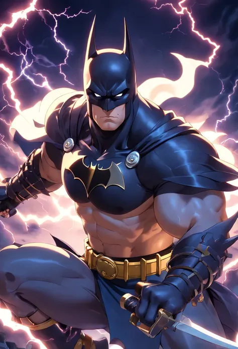 Realistic 3D rendering of fused Samurai Batman, Surrounded by lightning, Fat Muscular, Photographie du corps entier, Hyperrealistic