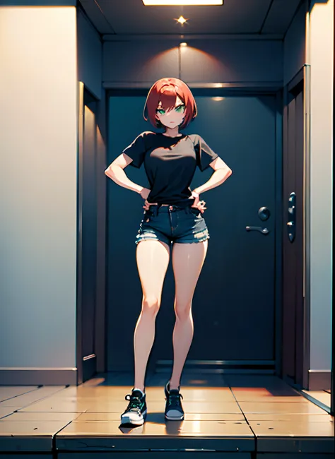 Vika, a 1girl, Green eyes, Skinny, short, Black T-shirt, blue shorts, redhead hair, Short Hair Hair, Beautiful figure, beatiful face, 18 years, Correct anatomy, pretty eyes, in full height, Anime style, 4k, Face to Camera.