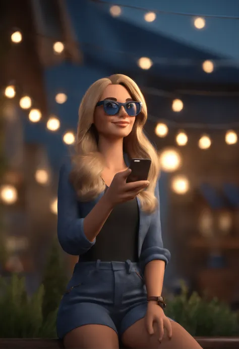 Cartoon character of a woman with long blond hair wearing black glasses and a blue shirt, segurando celular, um personagem animado, Caractere estilizado, animation style rendering, 3D estilizado, Arnold Maya render, 3 d render stylized, toon render keyshot...