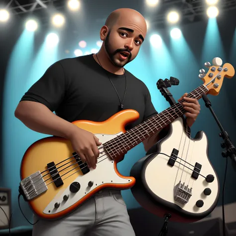 Crie uma imagem estilo Pixar de um homem negro, acima do peso, um pouco barrigudo, careca, sem barba e bigode, playing electric bass on a stage full of equipment.