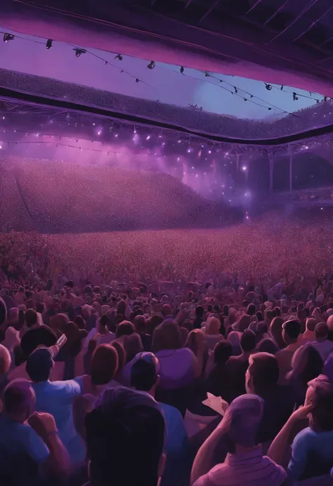 Pixar 3D-style drawing of a crowd at a concert, predominant lilac color