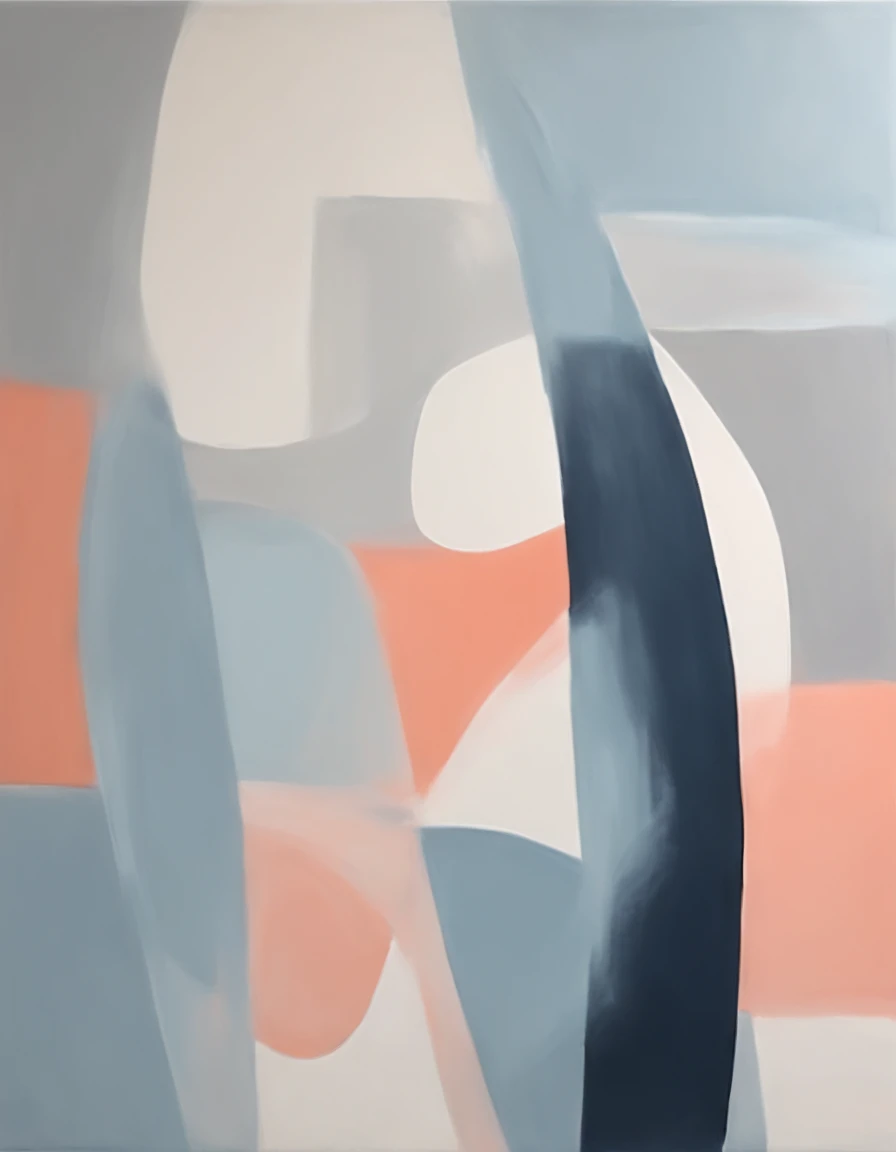 Modern abstract painting, gray, blue, salmon color, rounded asymmetrical abstract figures, harmonious colors, professional painting, high quality, brush strokes, balanced composition