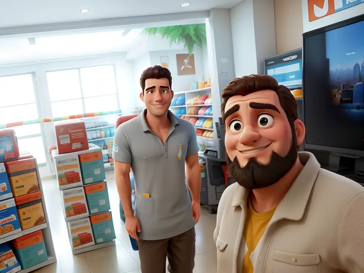 There are two men standing in a store with a TV, Me ajuda, JoSan Gonzalez e Tyler Edlin, Postagem no Reddit, Petros e Leonid, Colegas, trabalho profissional, Entrega de pacotes para a Amazon, Directed by: Samuel Silva, Bussiere Rutkowski Andreas Rocha, Gen...