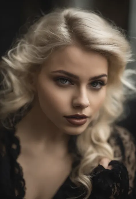 Portrait d’une séduisante fille gothique aux cheveux blonds longs, un petit buste, et une silhouette courbée posant avec son doigt doucement pressé contre ses lèvres alors qu’elle regarde vers la camera. Elle est assise par terre, ses jambes partiellement ...