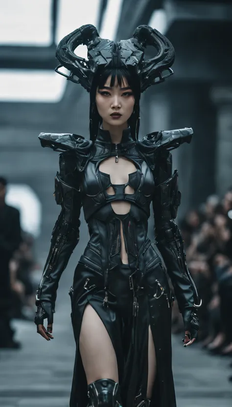 a fashion runway for alien technology , cyberpunk fashion photography , inspired by chinese xianxia and dark gothic，a fallen god...