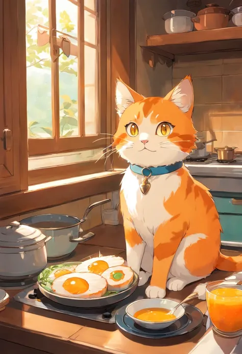 Un lindo gato naranja de ojos saltones, con un plato de leche, en la cocina , Luz solar fuera de la ventana.