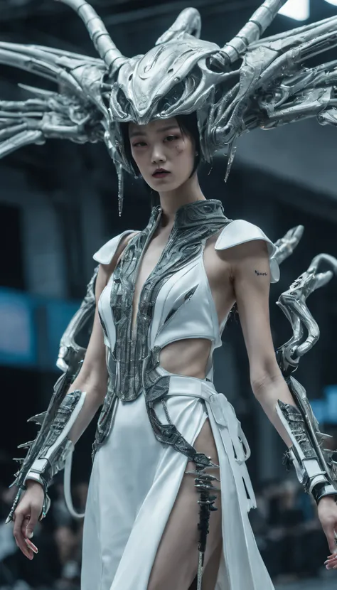 A fashion runway for alien technology , Cyberpunk fashion photography , Inspired by Chinese Xianxia and dark gothic，The fallen god of Greek mythology，(Best quality,4K,8K,A high resolution,Masterpiece:1.2), (Realistic,Photorealistic,photo-realistic:1.37).