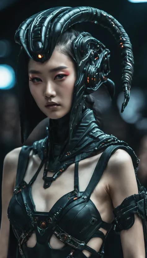 A fashion runway for alien technology , Cyberpunk fashion photography , Inspired by Chinese Xianxia and dark gothic，The fallen god of Greek mythology，(Best quality,4K,8K,A high resolution,Masterpiece:1.2), (Realistic,Photorealistic,photo-realistic:1.37).