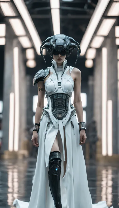 a fashion runway for alien technology , cyberpunk fashion photography , inspired by chinese xianxia and dark gothic，the fallen g...