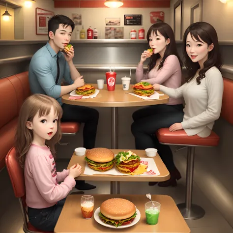 Family eating hamburger in diner called jack burger