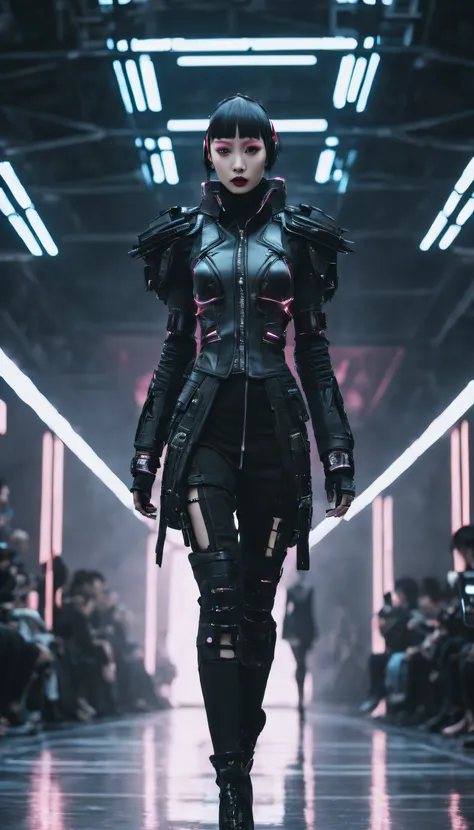 a fashion runway for alien technology , cyberpunk fashion photography , inspired by chinese xianxia and dark gothic。(best qualit...