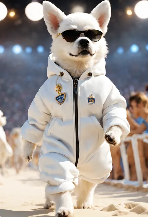 （A puppy dressed in white walks down the catwalk）, （Wearing a white hooded jacket：1.37），（Human dog hybrids）, highly fashionable, （Anthropomorphic dogs：1.37）Doggy, Wearing track suit, Funny dog, （Anthropomorphic dog white transparent dog））, Dumb cute,  ( Wh...