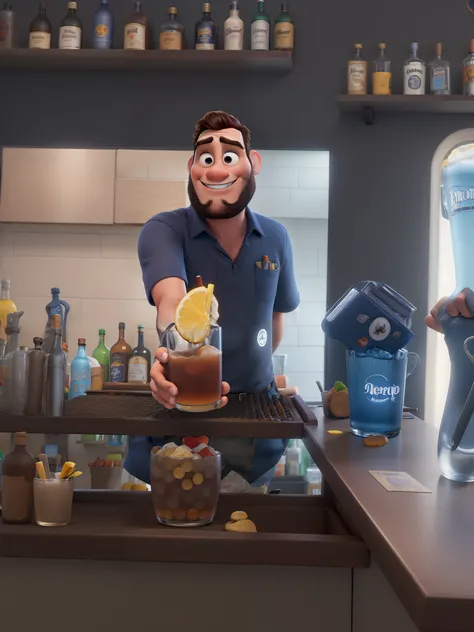 um homem estilo Disney pixar, Bartender, Alta qualidade, melhor qualidade