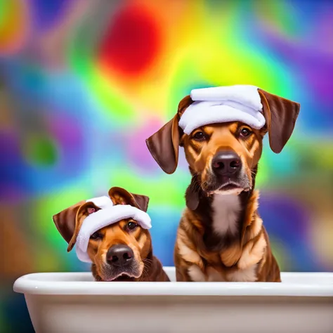 Create a pixar style 8k 3d image of a cheerful dog inside a bathtub with towel on his head inside a colorful bathroom on the wall put a frame written Pericão