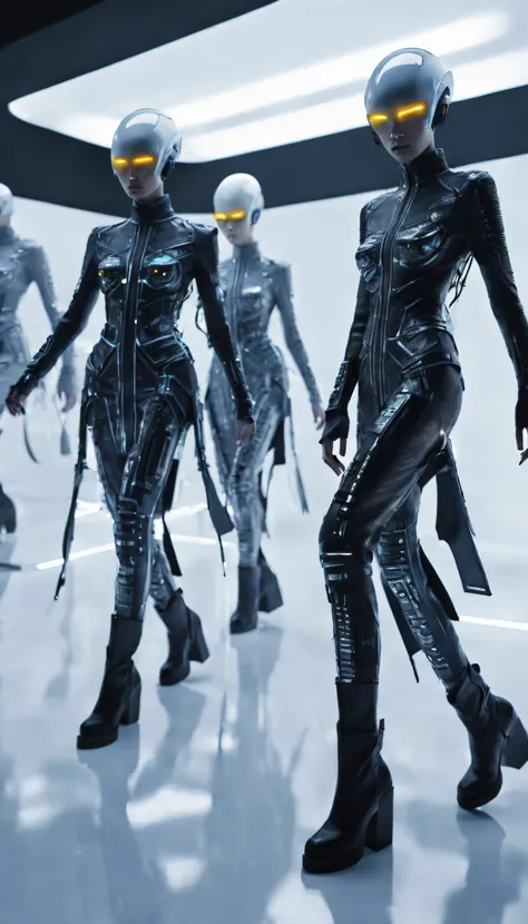 A fashion runway for alien technology , vogue photography , Inspired by Chinese Xianxia and cyberpunk。(Best quality,4K,8K,A high resolution,Masterpiece:1.2), (Realistic,Photorealistic,photo-realistic:1.37).