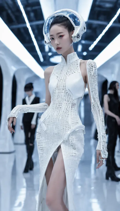 A fashion runway for alien technology , vogue photography , Inspired by Chinese Xianxia and cyberpunk。(Best quality,4K,8K,A high resolution,Masterpiece:1.2), (Realistic,Photorealistic,photo-realistic:1.37).