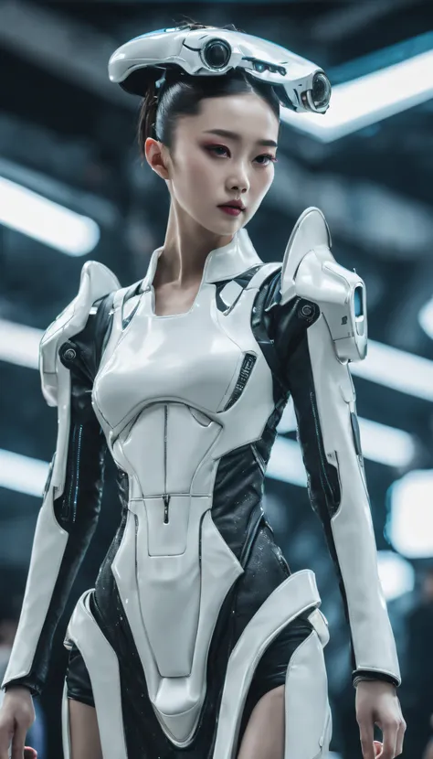 A fashion runway for alien technology , vogue photography , Inspired by Chinese Xianxia and cyberpunk。(Best quality,4K,8K,A high resolution,Masterpiece:1.2), (Realistic,Photorealistic,photo-realistic:1.37).