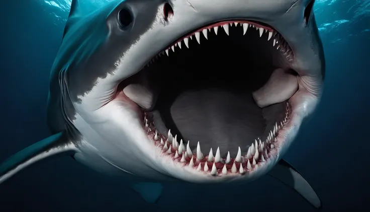 A moment of desperate prayer in the huge belly of a shark.
 Illuminated by the dim light coming in from the sharks mouth.
the ocean，Shark with open mouth，Prey on dolphins