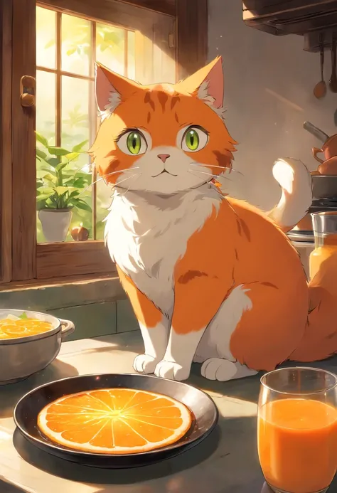 Un lindo gato naranja de ojos saltones, con un plato de leche, en la cocina , Luz solar fuera de la ventana.