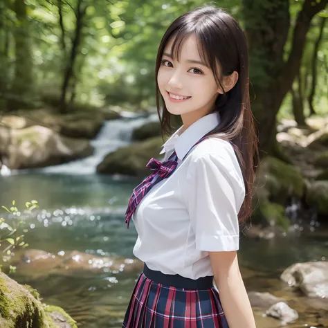 (1 schoolgirl,The cutest face,The biggest smile staring at the camera,Shot from up close,Photographing from the waist up,A detailed face,japanese hight school uniform,Perfect face,Perfect makeup,A slender,Breasts are big,In a fantastic and beautiful forest...