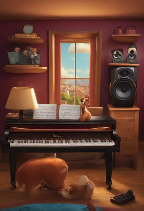 um homem, em breve, careca, olhos castanhos, com fones de ouvido, A music studio in the background, Imagem no estilo Pixar, Estilo de filme animado 3D, Disney, camiseta preta