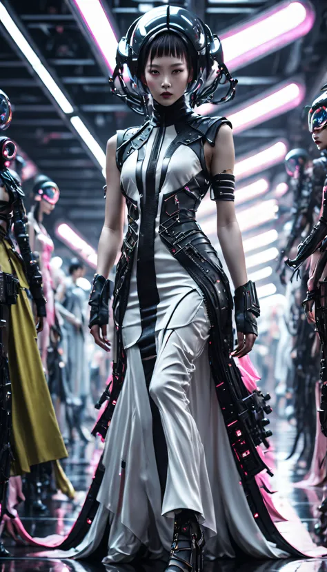 A fashion runway for alien technology , vogue photography , Inspired by Chinese Xianxia and cyberpunk。(Best quality,4K,8K,A high resolution,Masterpiece:1.2), (Realistic,Photorealistic,photo-realistic:1.37).