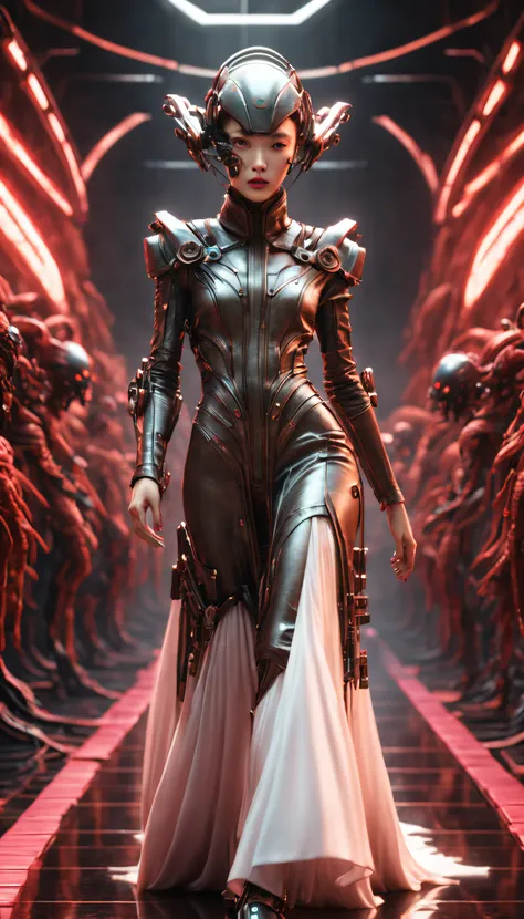 A fashion runway for alien technology , vogue photography , Inspired by Chinese Xianxia and cyberpunk。(Best quality,4K,8K,A high resolution,Masterpiece:1.2), (Realistic,Photorealistic,photo-realistic:1.37).