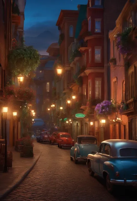 Desenho em estilo 3D da Pixar de uuma rua comercial com lojas de ambos os lados e muitas pessoas felizes na rua