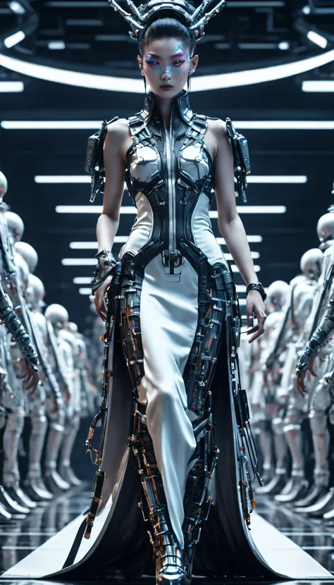 a fashion runway for alien technology , vogue photography , inspired by chinese xianxia and cyberpunk。(best quality,4k,8k,a high...