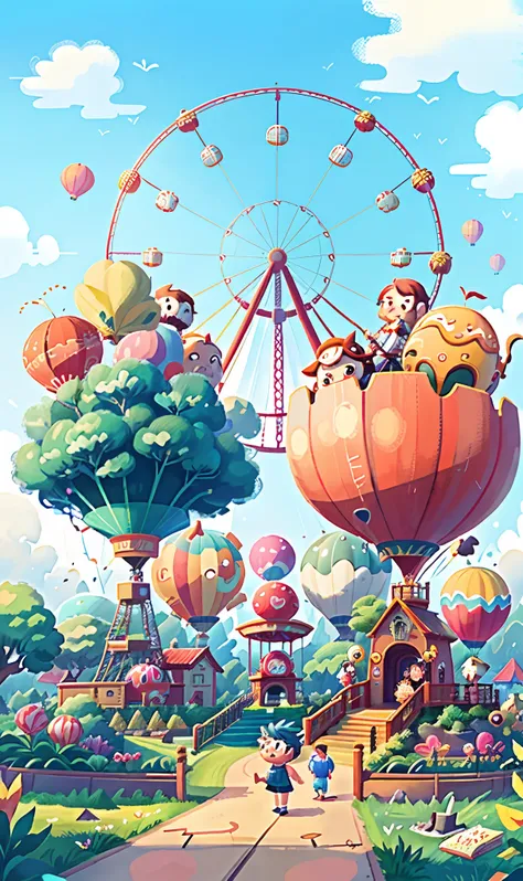 the Ferris wheel、rollercoaster、carousel、Lots of air balloons、playground、sea side、verdant、a person々comes and goes、Have fun with the boy with blue hair