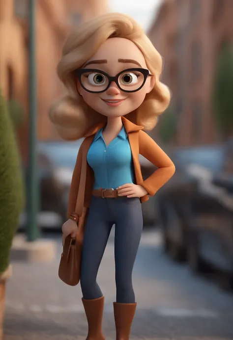 Cartoon character of a blond-haired woman wearing black glasses and a blue shirt, segurando celular um personagem animado, Caractere estilizado, animation style rendering, 3D estilizado, Arnold Maya render, 3 d render stylized, toon render keyshot, Persona...