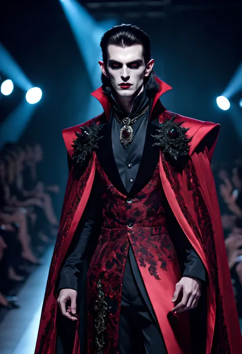 hyperrealistic and heavy detailed modern ((runway show)) of a sexy handsome vampire (lord) 1boy, (vivid big eyes), long hair, wearing long ((crazy fashion alternate costume)) with (draconic print), detailed face, real, atmospheric, sharp, 8k, high textured...