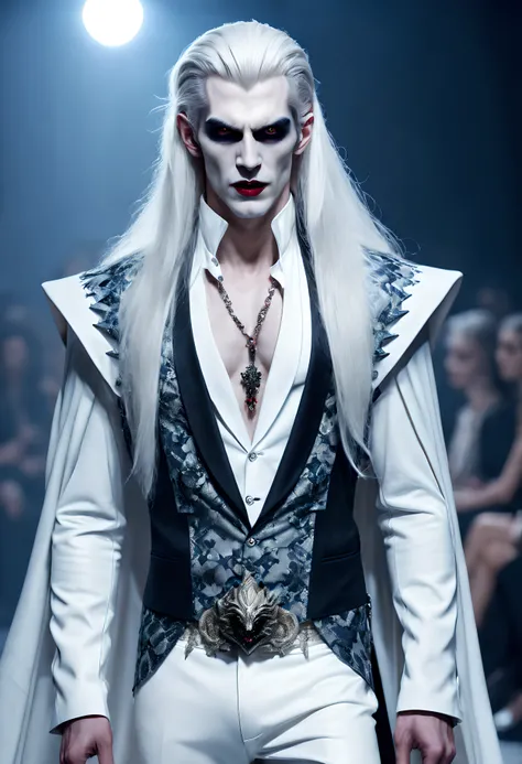 hyperrealistic and heavy detailed modern ((runway show)) of a sexy handsome vampire (lord) 1boy, long white hair, wearing long ((crazy fashion alternate costume)) with (draconic print), detailed face, real, atmospheric, sharp, 8k, high textured, maximalist...