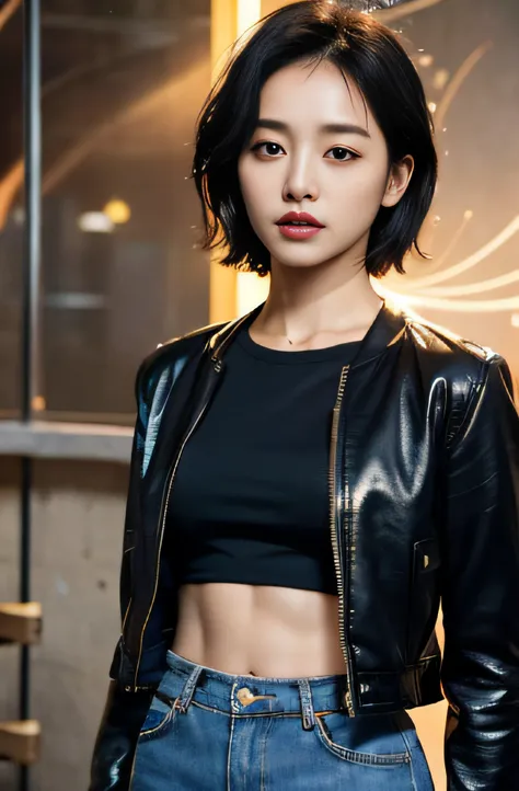 (forehead, cropped jacket, abs, midriff, scowling, short hair, black hair, eye line:1.3), (masutepiece, best quality, beautiful ...