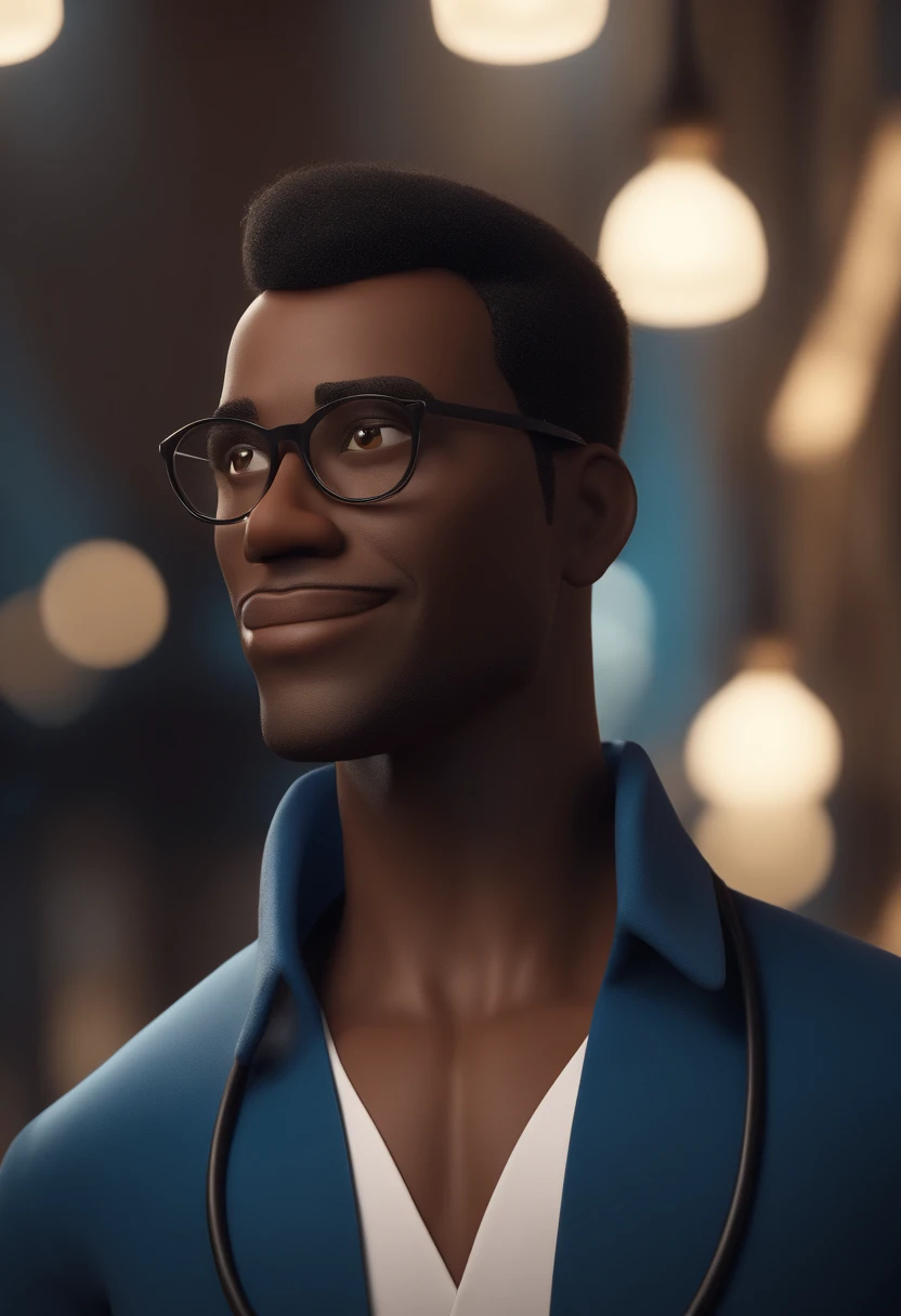 Cartoon character of a black man wearing black glasses and a blue shirt and white lab coat, um personagem animado, Caractere estilizado, animation style rendering, 3D estilizado, Arnold Maya render, 3 d render stylized, toon render keyshot, Personagem 3D, ...