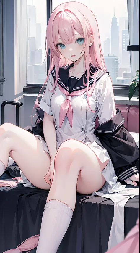 Long pale pink hair，Pale blue-green eyes，Sailor uniform school uniform，dark circles，Sit on the bed in the infirmary，White hands，close-up on legs，A black over-the-knee sock，A pair of white socks，D Cup Girl，Open-mouthed，Evil laughs，Sickly laughed