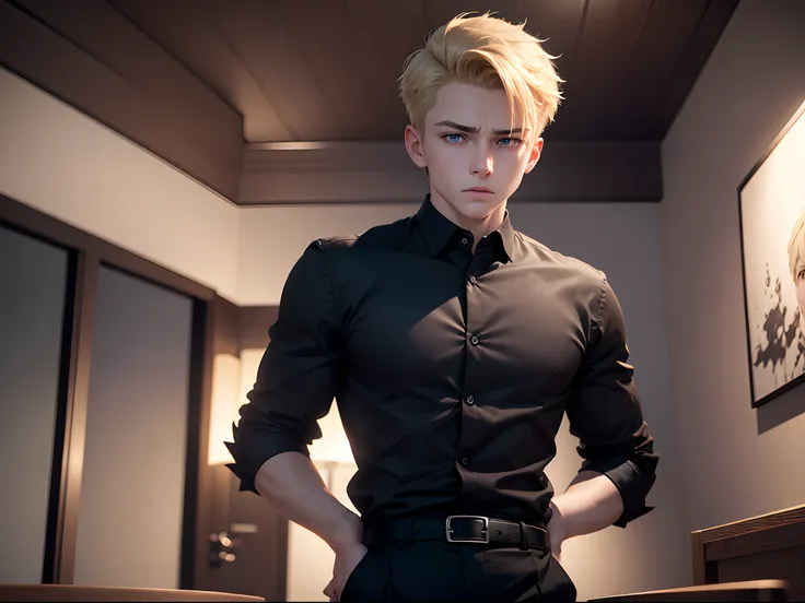 Realistic, 8k image of a young 15 year old man, blond, strong, short hair combed back, blue eyes, square chin, dressed in a black button down blouse and black pants, standing in a dining room at night, scared expression, anime style art