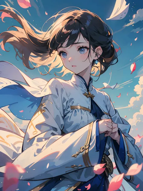 (best quality,illustration,masterpiece:1.2,high-res:1.1) (ultra-detailed), (solo), 1girl, (extremely delicate and beautiful fabric), (beautiful detailed sky), beautiful details in the wind, flying splashes, flying petals, wind