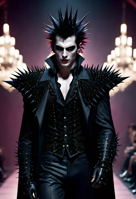 hyperrealistic and heavy detailed modern ((runway show)) of a sexy handsome vampire (lord) 1boy, wearing long spiky (crazy fashi...