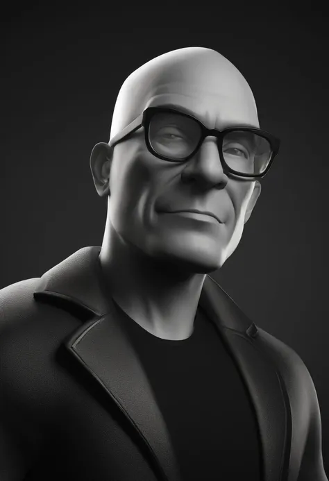 Personagem de desenho animado de um homem de 35 anos, with a shaved head and no beard, with black glasses and black shirt, animation character, Caractere estilizado, animation style rendering, 3D estilizado, Arnold Maya render, 3 d render stylized, toon re...