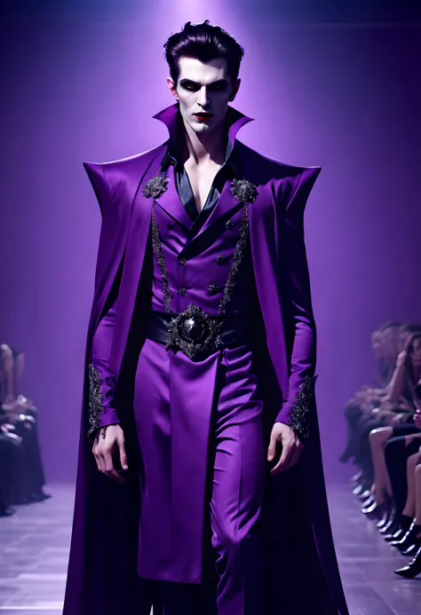 hyperrealistic and heavy detailed modern ((runway show)) of a sexy handsome vampire (lord) 1boy, wearing long sharp dress (crazy...