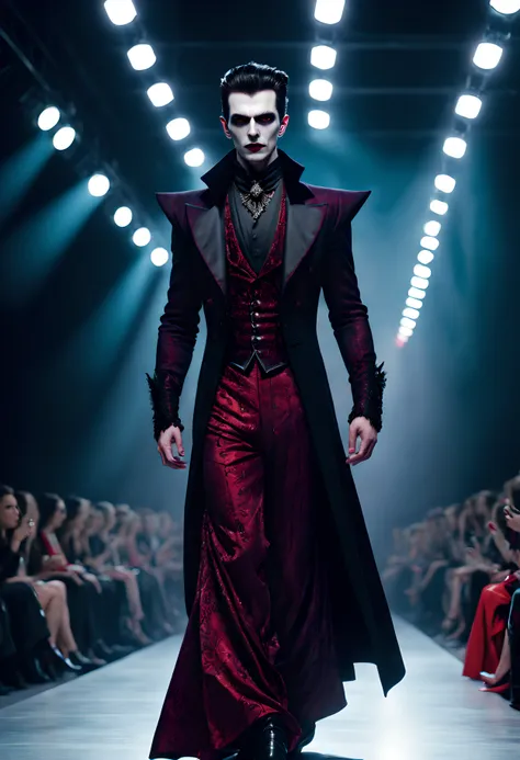 hyperrealistic and heavy detailed modern ((runway show)) of a sexy handsome vampire (lord) 1boy, wearing long dress (crazy fashion alternate costume), detailed face, real, atmospheric, sharp, 8k, high textured, maximalist, atmospheric, raytracing, real lif...