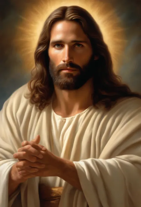 Arafed image of a man with long hair and beard, portrait of Jesus Christ, Jesus Christ, Greg Olsen, Jesus of Nazareth, painted in high resolution, The Lord and Savior, Jon McNaughton, 8K resolution. Oil on canvas, face of Jesus, portrait of religious maste...